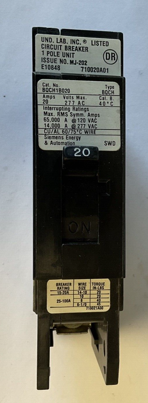 SIEMENS BQCH1B020 CIRCUIT BREAKER 20AMP 277VAC TYPE BQCH 1POLE ****LOTOF8****