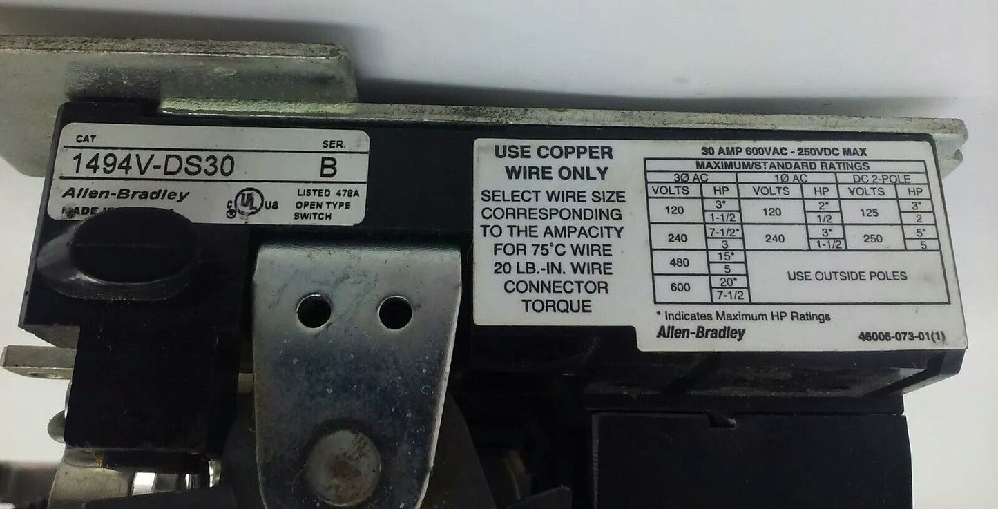 ALLEN BRADLEY 1494V-DS30 SER. B, FUSIBLE SWITCH, 3PH, 3P, 30A, 600V