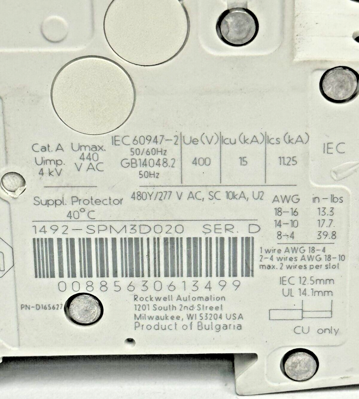 ALLEN-BRADLEY - 1492-SPM3D020 SER. D - CIRCUIT BREAKER - 3 P, 2 A, 277 V