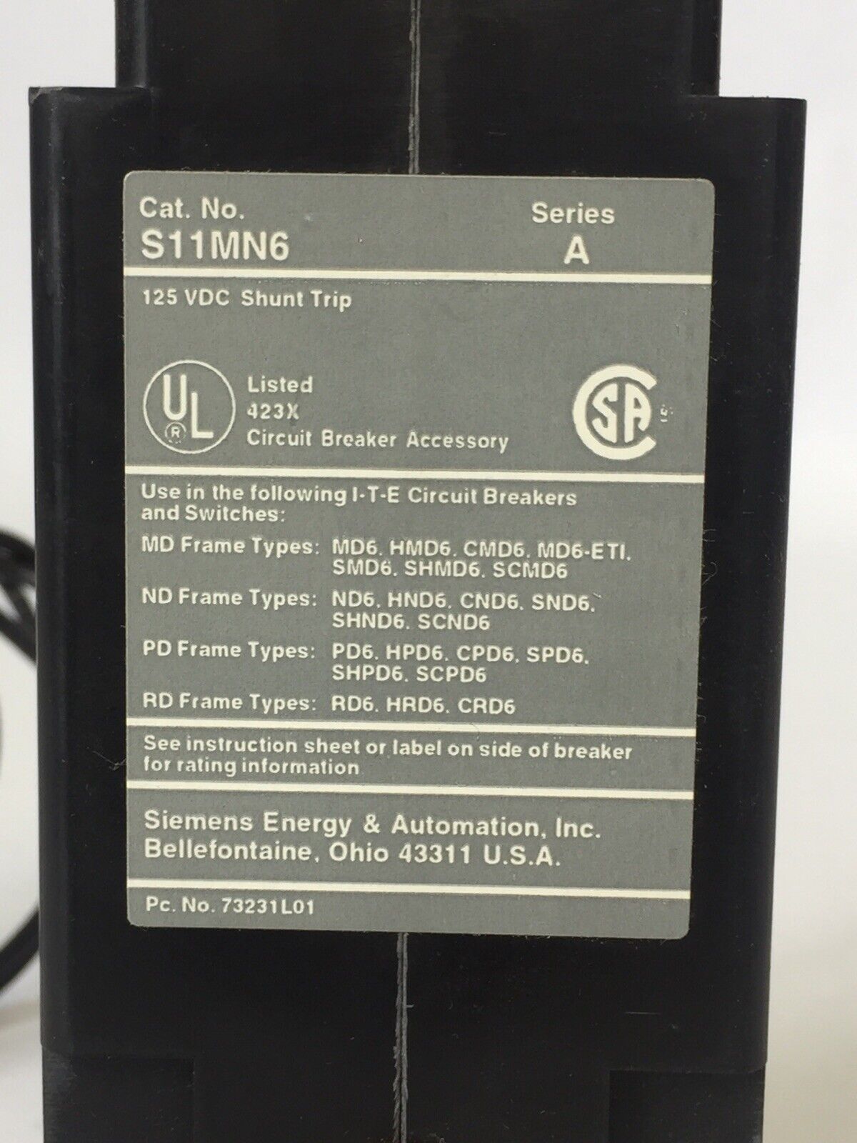 SIEMENS S11MN6 SER A 125VDC SHUNT TRIP CIRCUIT BREAKER ACCESSORY