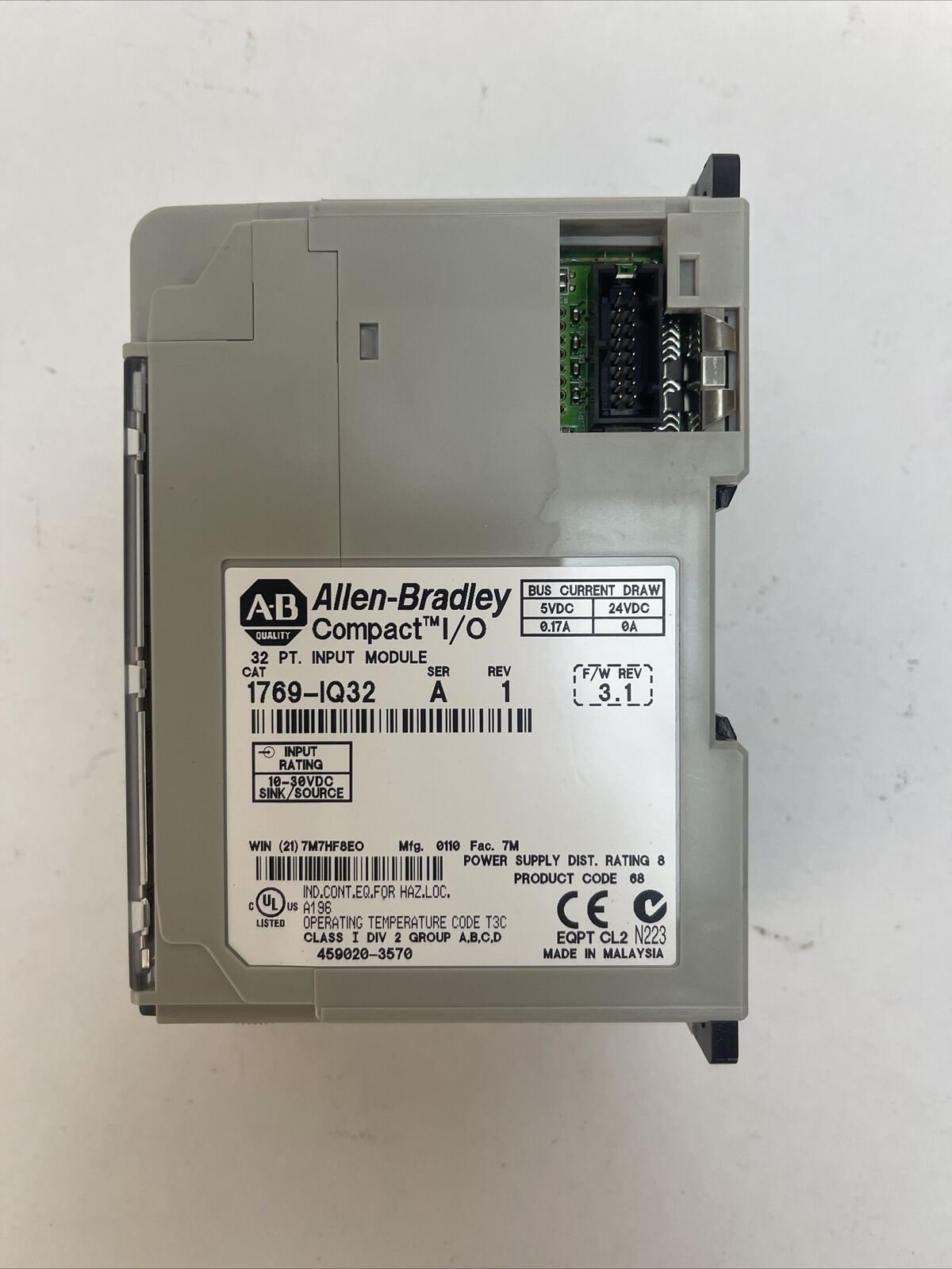 ALLEN BRADLEY 1769-IQ32 COMPACT I/O 32 PT INPUT MODULE SER A REV 1 F/W REV 3.1