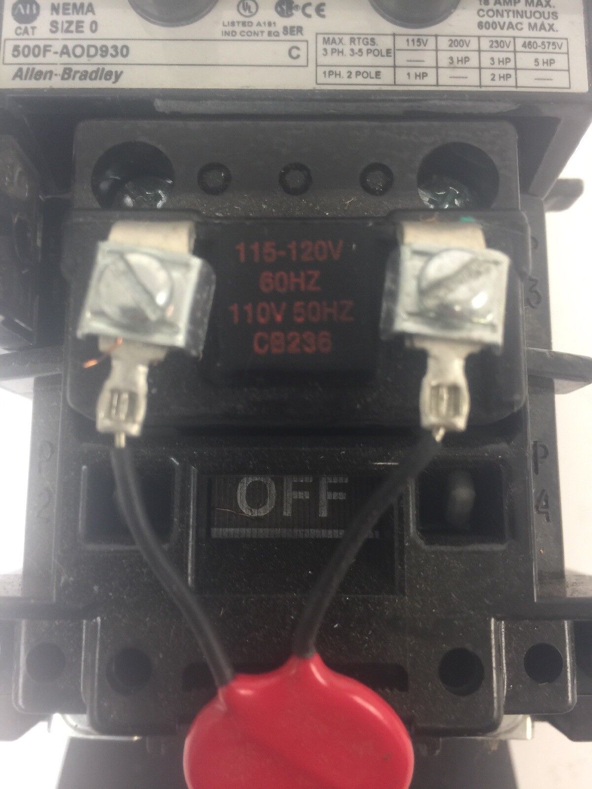 ALLEN BRADLEY 500F-AOD930 SIZE 0 STARTER 600VAC 5HP 18AMP CB236 115-120V 60HZ