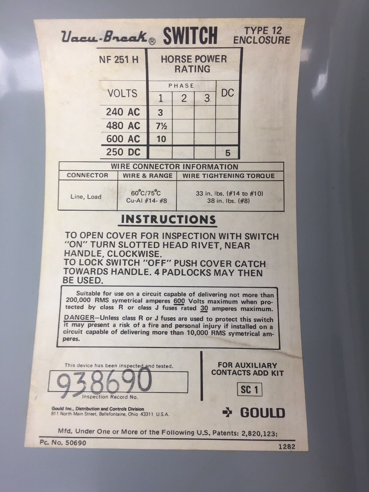 GOULD ITE NF251H VACU-BREAK SWITCH W/CLAMPMATIC CONTACTS 600 VAC 30 AMP 1 PHASE