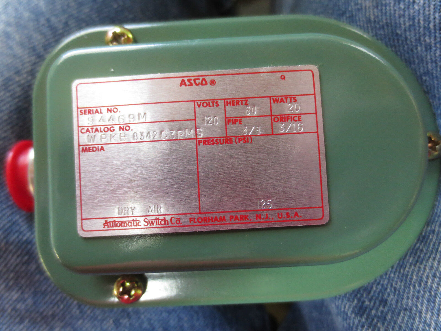ASCO WPKB8342C3PMS SOLENOID VALVE 120/60, 20W, 3/8 PIPE, 3/16 ORIFICE 125psi NEW