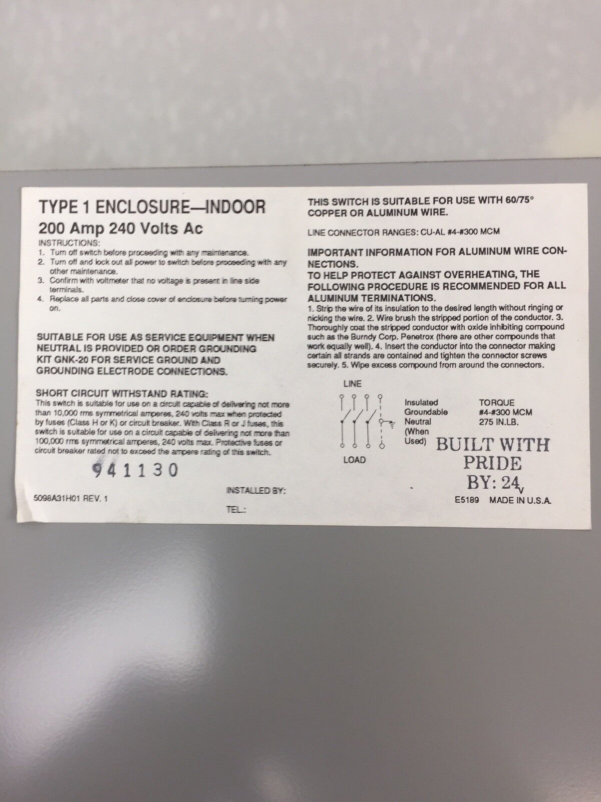 CHALLENGER GD324NFC 200 AMP 240 VAC 3 POLES NEMA 1 NON FUSIBLE GENERAL DUTY