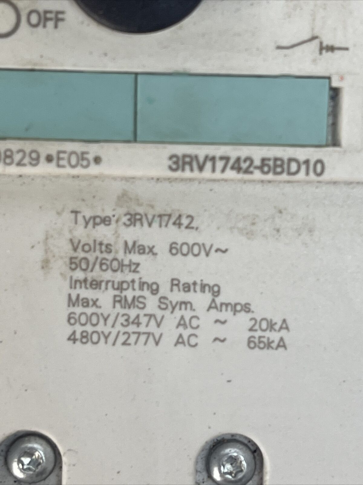 SIEMENS 3RV1742-5BD10 CIRCUIT BREAKER 600VAC 600Y/347VAC 20kA 480Y/277VAC 65kA