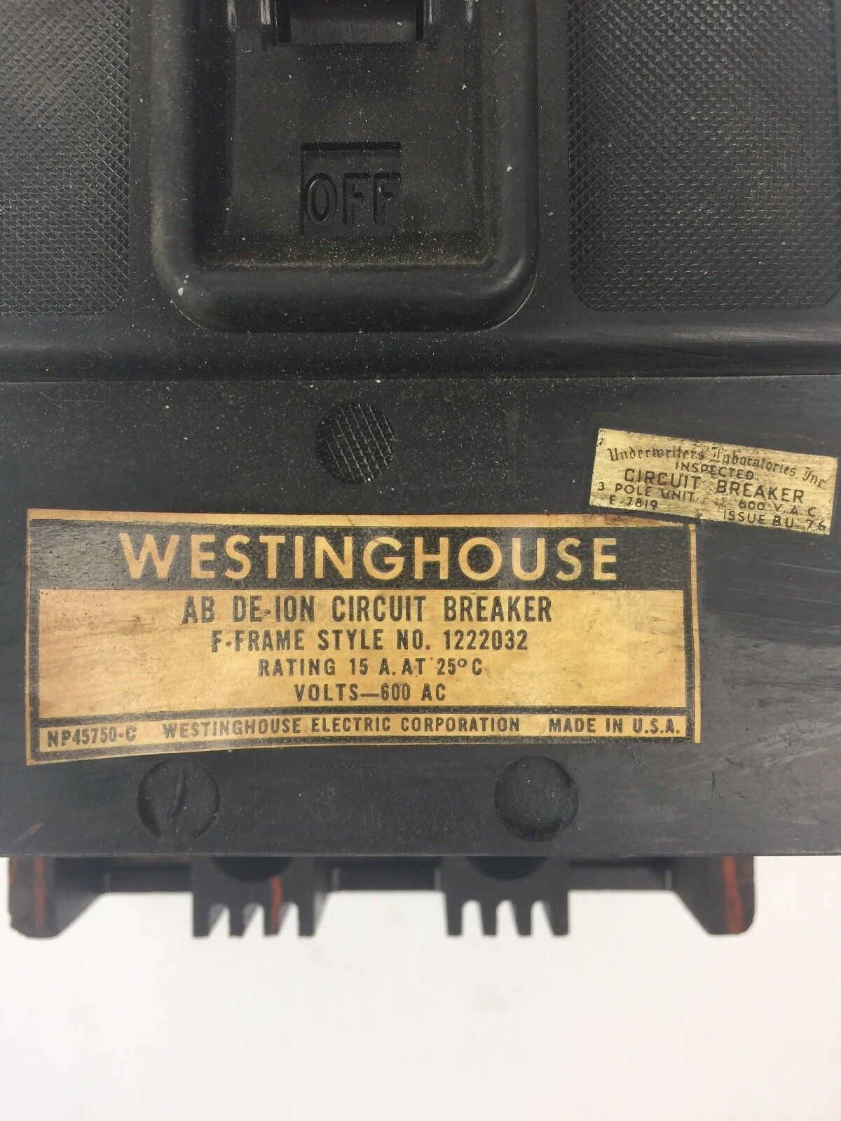 WESTINGHOUSE 1222032 AB DE-ION CIRCUIT BREAKER 15A 600VAC 3 POLE