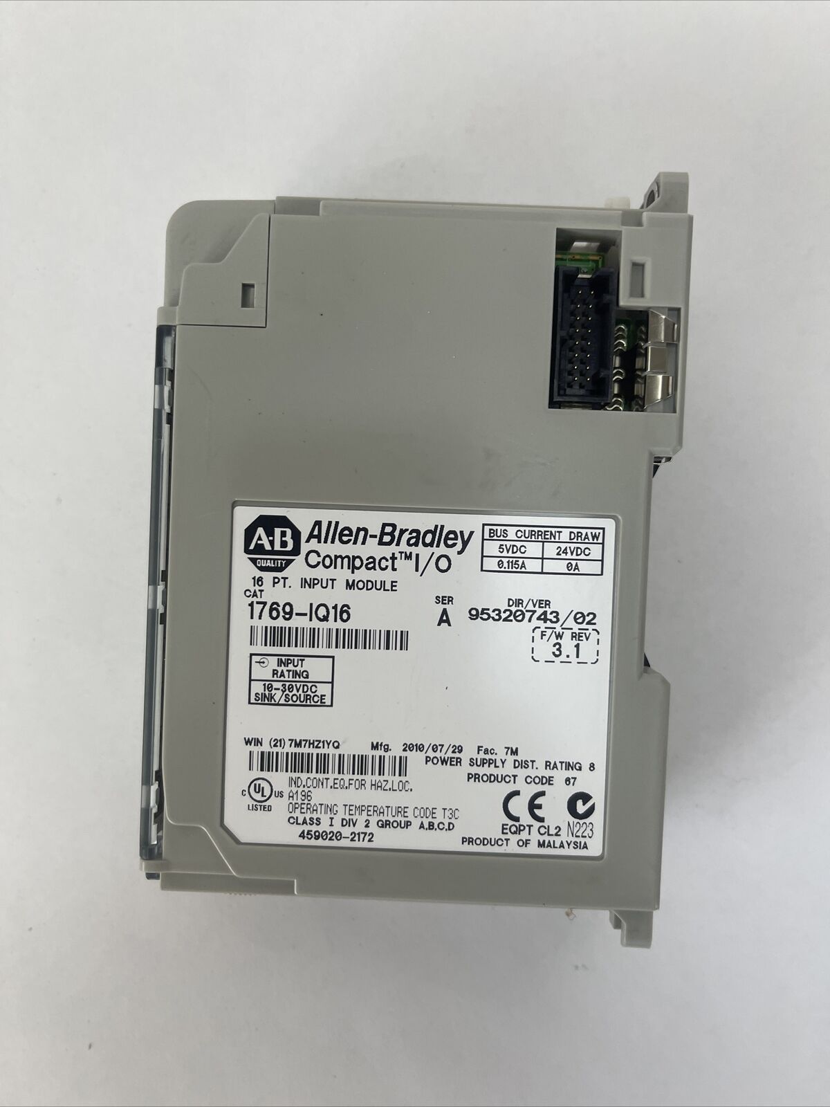 ALLEN BRADLEY 1769-IQ16 COMPACT I/O 16CH INPUT MODULE SER A F/W REV 3.1 DIR/VER