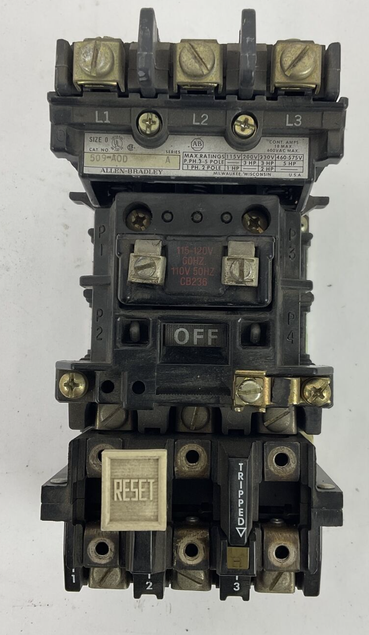 ALLEN BRADLEY509-AOD STARTER SER.A 600VAC 5HP CB236 120V COIL NO HEATERS