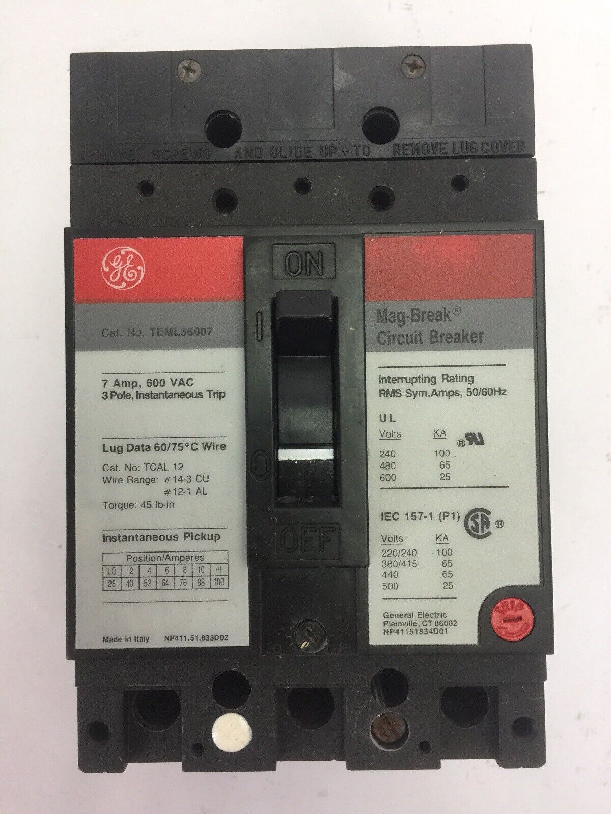 GE TEML36007 MAG-BREAK CIRCUIT BREAKER 7AMP 600VAC 3 POLE INSTANTANEOUS TRIP