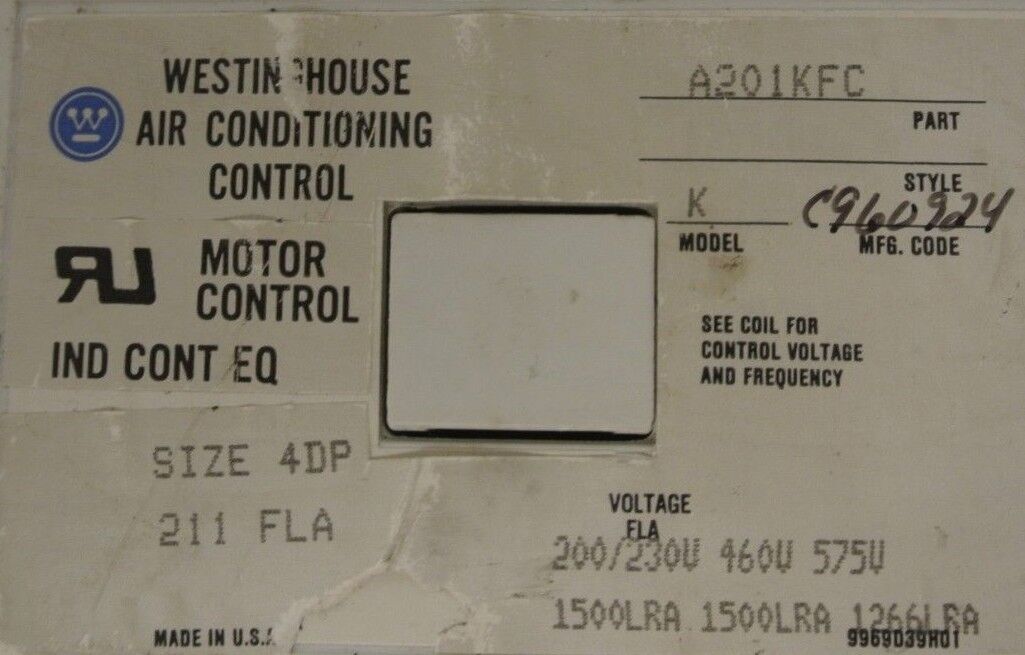 WESTINGHOUSE A201KFC MODEL K - AIR CONDITIONING MOTOR CONTROL SIZE 4DP 120V COIL