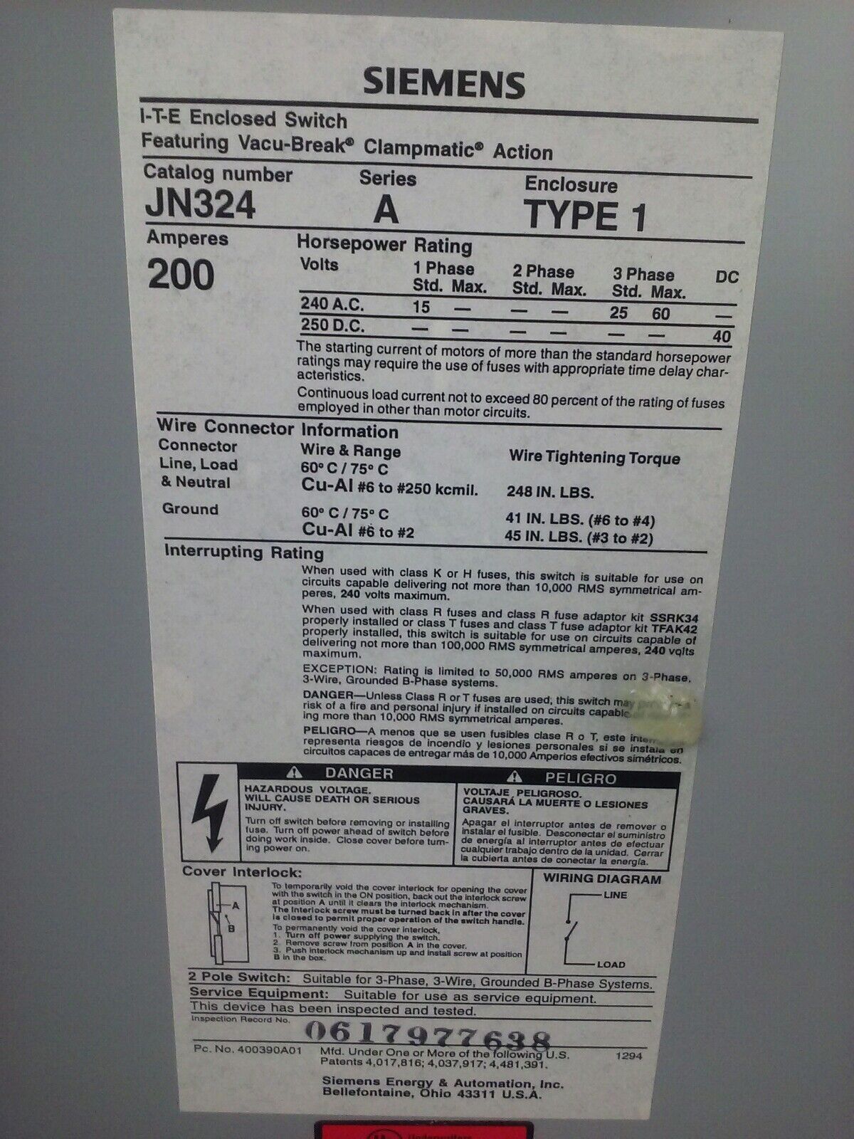 SIEMENS JN324 FUSIBLE SAFETY SWITCH 2P, 1PH, 200A, 240V, 15HP, TYPE 1 INDOOR