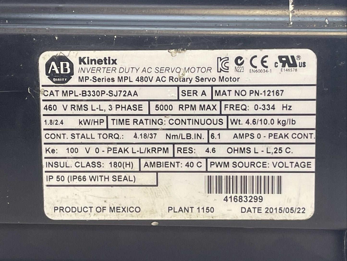 ALLEN BRADLEY MPL-B330P-SJ72AA SERVO MOTOR SER A 5000RPM 1.8/2.4 kW/HP 6.1AMP