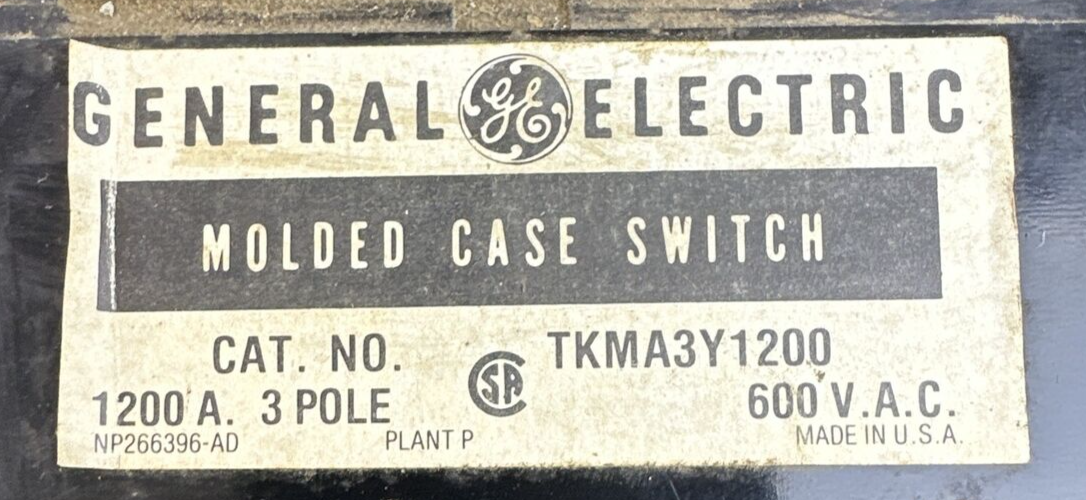 GE TKMA3Y1200 MOLDED CASE SWITCH 1200A 3POLE 600VAC MOD 5