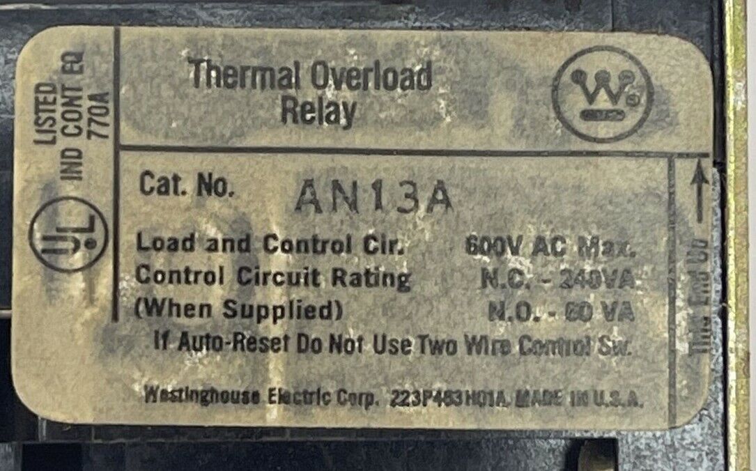 WESTINGHOUSE AN13A THERMAL OVERLOAD RELAY 600VAC