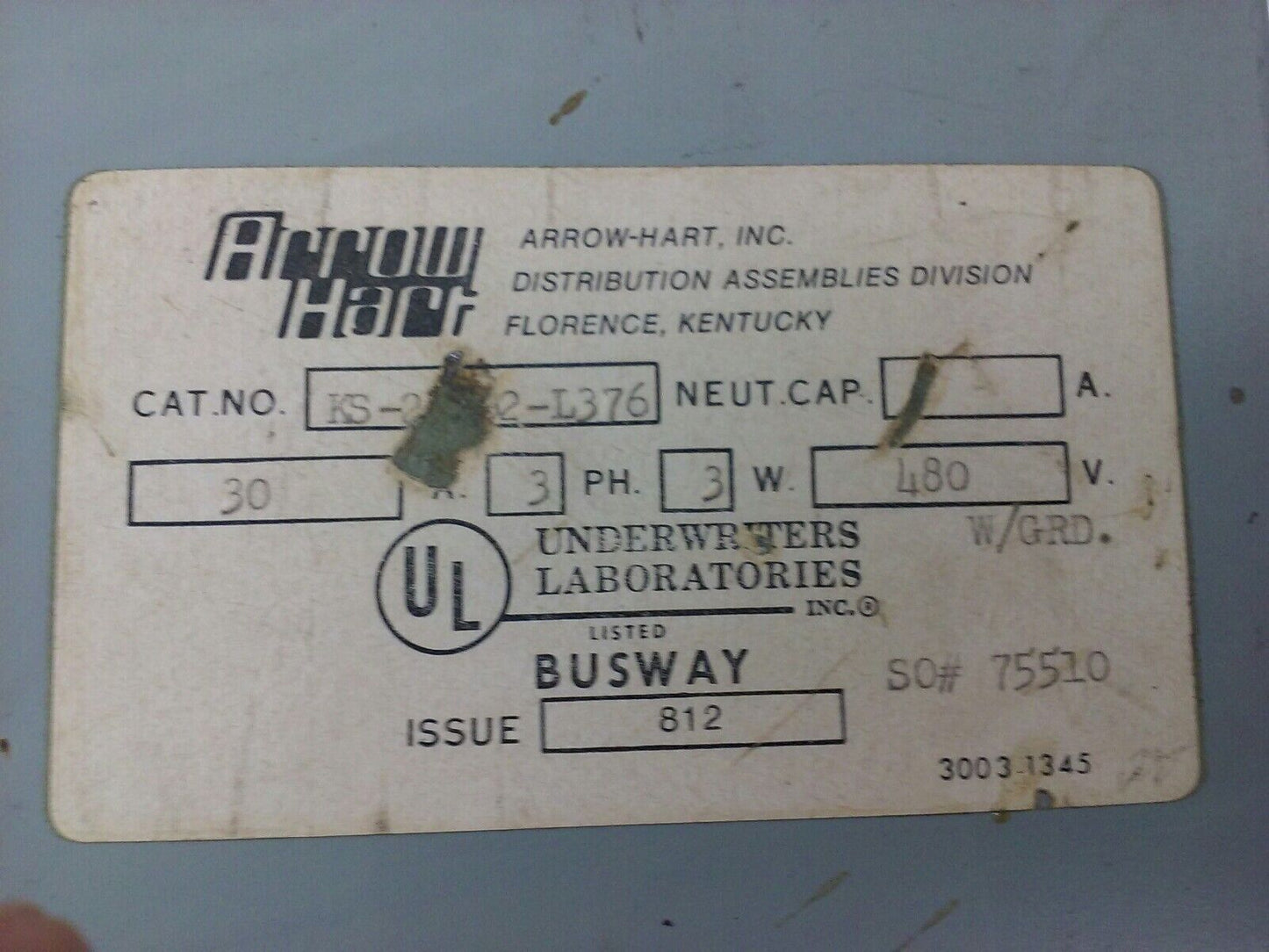 ARROW-HART BUSSWAY, 30AMP 3PH, 3W, 480V, MAX H.P. 20, FUSIBLE, DISCONNECT, USED