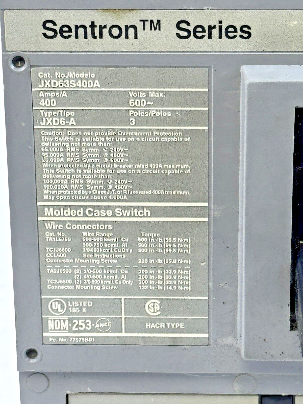 SIEMENS - JXD63S400A - SENTRON MOLDED CASE SWITCH - 3 POLE/400A/600VAC/JXD6-A
