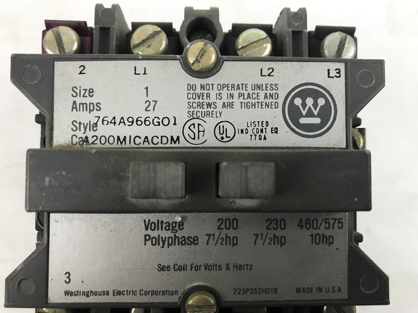 Westinghouse A200MICACDM Motor STARTER - Size 1, 27 Amp, 440/480 Volt Coil