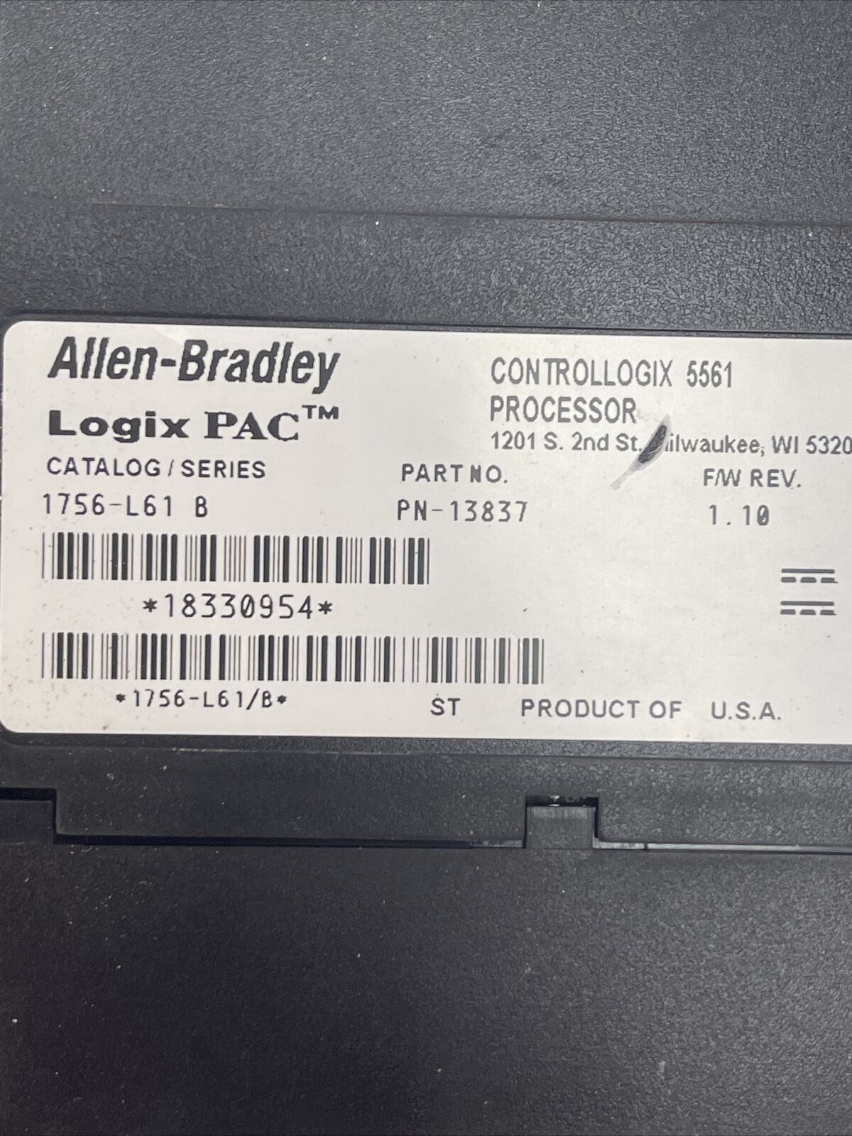 ALLEN BRADLEY 1756-L61 LOGIX PAC SER B CONTROLLOGIX 5561 PROCESSOR F/W REV 1.10