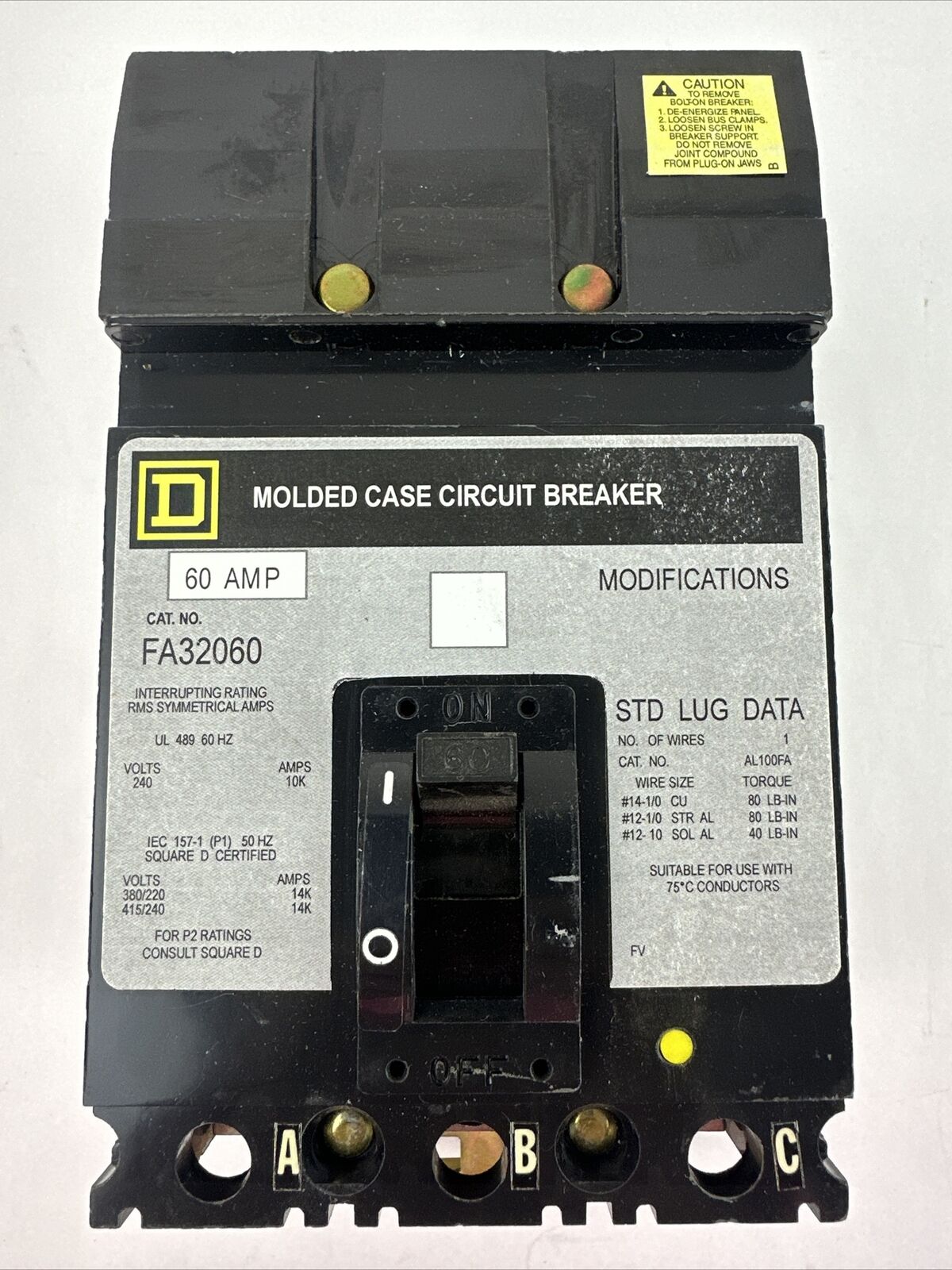 SQUARE D FA32060 MOLDED CASE CIRCUIT BREAKER 240V 60AMP 3POLE
