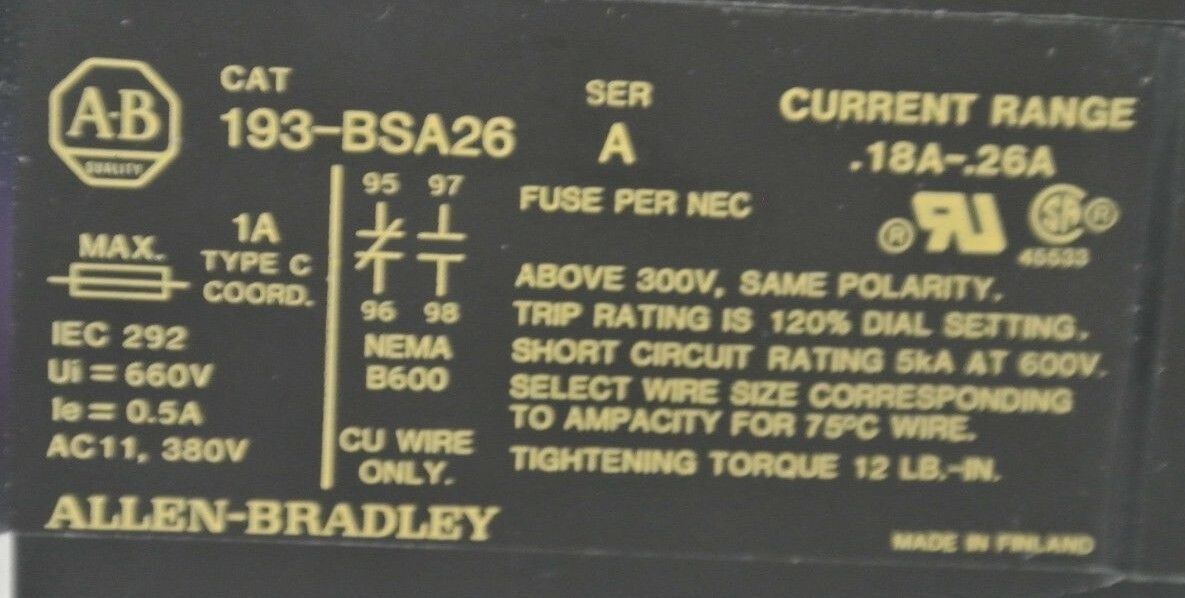 ALLEN-BRADLEY 193-BSA26 BI-METALLIC OVERLOAD RELAY 0.18A-0.26A / NEW SURPLUS