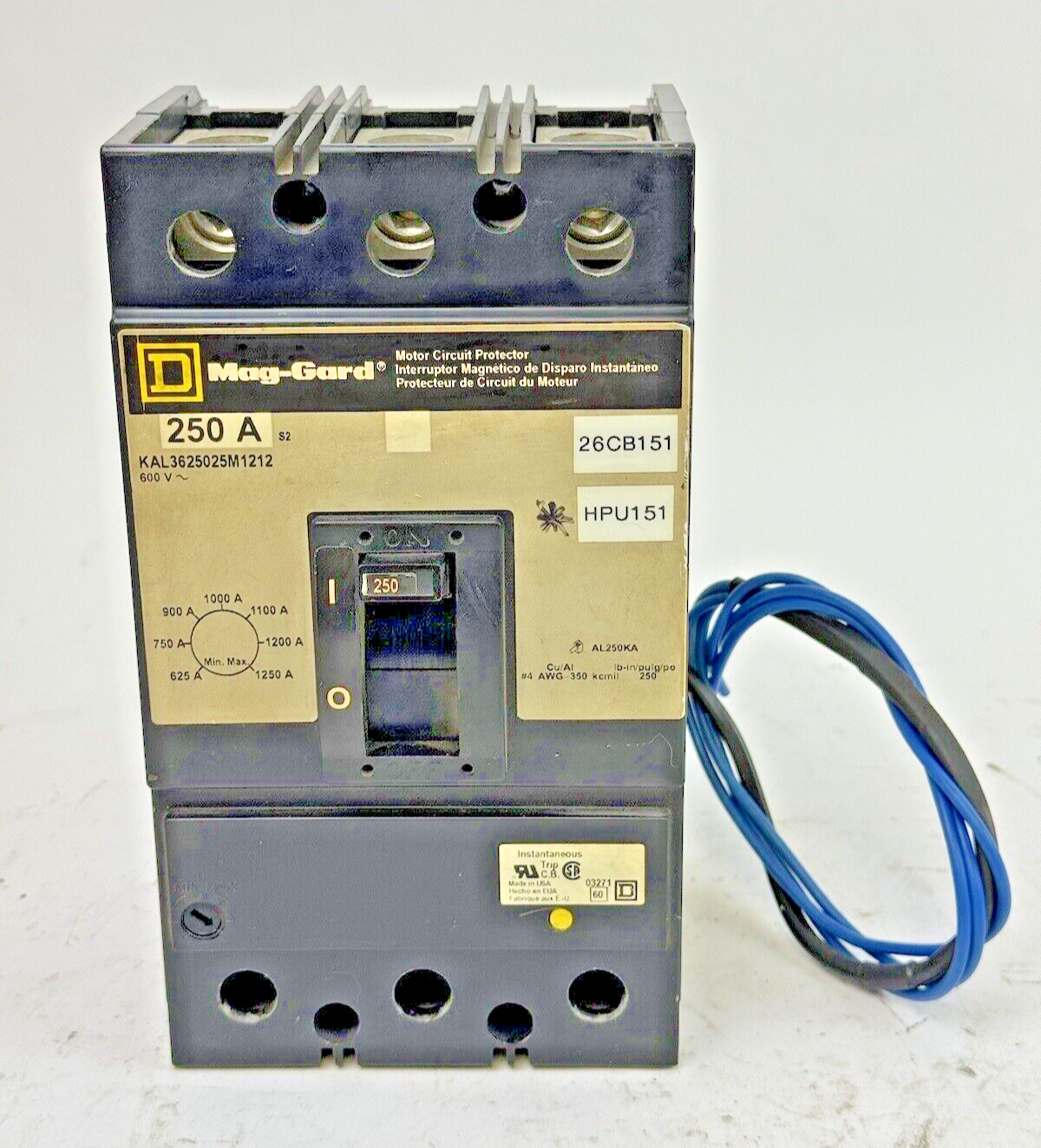 SQUARE D - KAL3625025M1212 -MAG-GARD CIRCUIT BREAKER W/ AUX - 250A/3 POLE/600VAC
