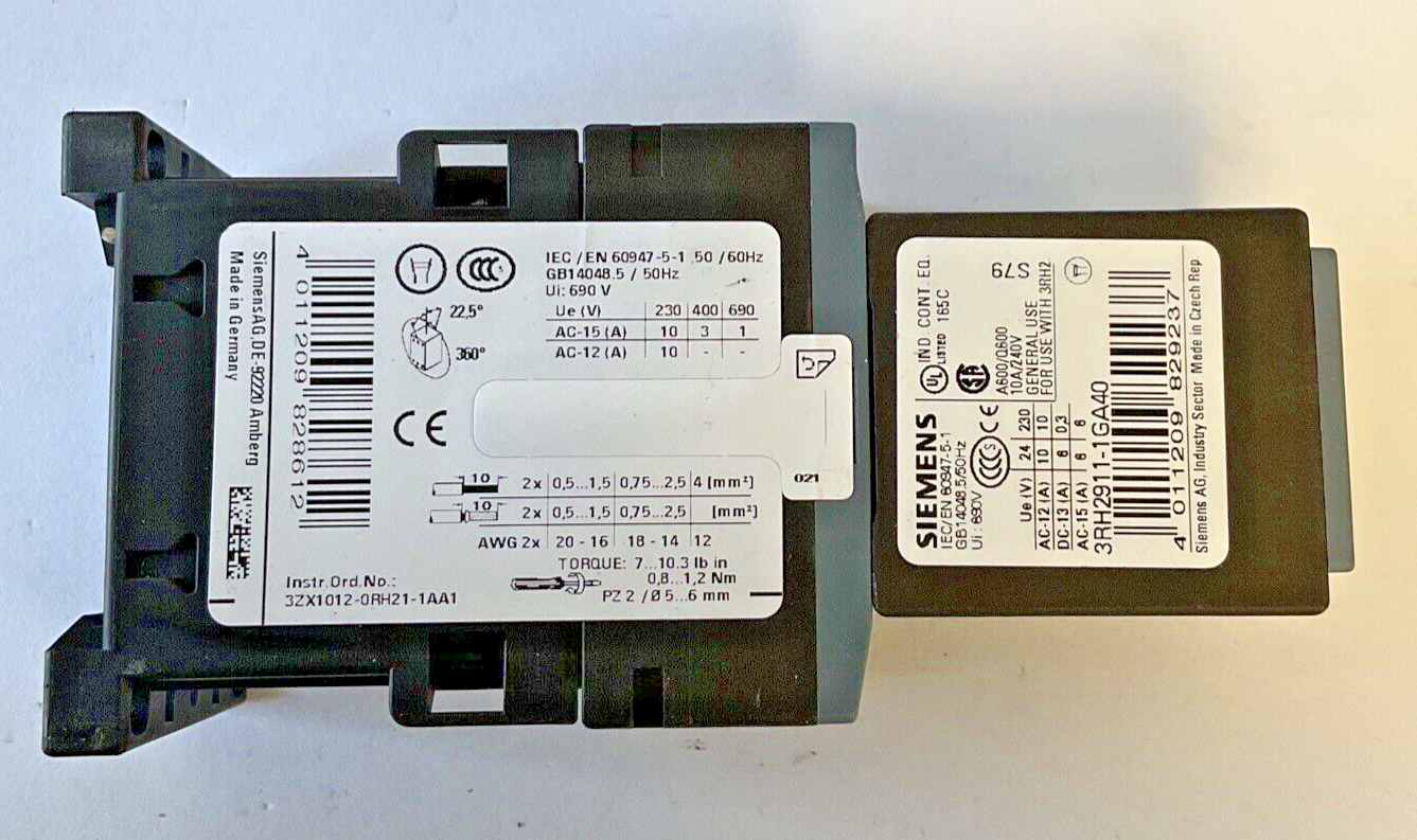 SIEMENS 3RH2140-1BB40 CONTACTOR W/33R2911-1GA40 AUX CONTACT 50/60HZ