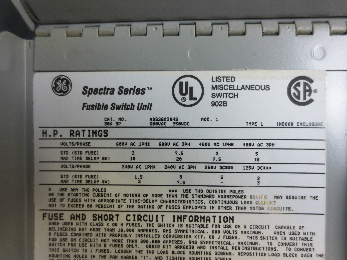 GE ADS36030HS SPECTRA FUSIBLE SWITCH UNIT - 30A, 600V, 3-POLE - NEW SURPLUS