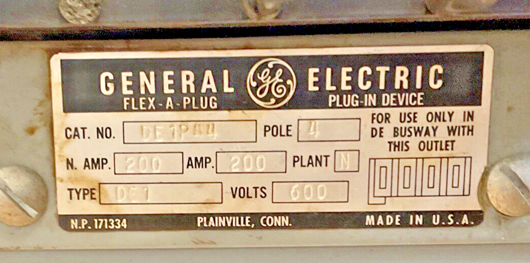 GENERAL ELECTRIC DFPJ-420-DE FLEX-A-PLUG BUS PLUG TJ236200 BREAKER 200A 3PH 600V