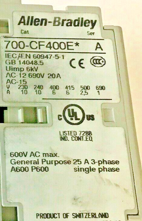 ALLEN BRADLEY 700-CF400E*CONTROL RELAY SER.A 600VAC 25A 3PH