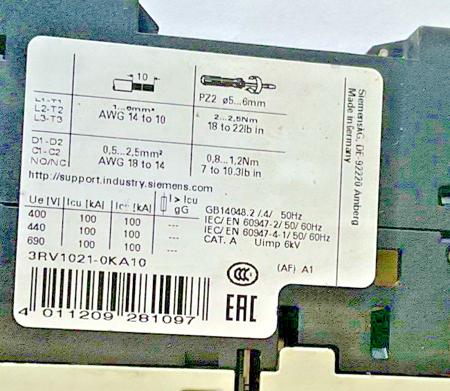 SIEMENS 3RV1021-0KA10,3RV1021-1KA10 MOTOR CONTROL 600V****LOTOF2***
