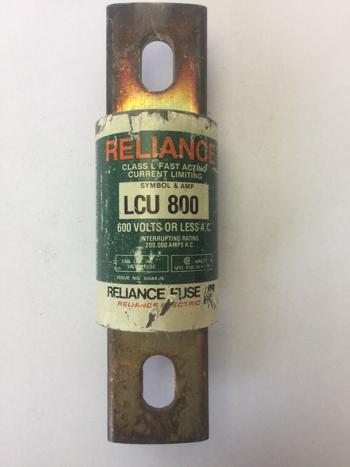 RELIANCE LCU 800 CLASS L FAST ACTING CURRENT LIMITING FUSE 800 AMPS 600 VAC