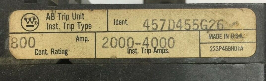WESTINGHOUSE 457D455G26 AB TRIP UNIT 800AMP 3POLE INST TRIP 2000-4000A