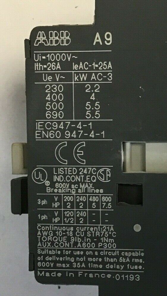 ABB A9-30-01 CONTACTOR 26A 1000VAC 7.5HP ***LOTOF5***