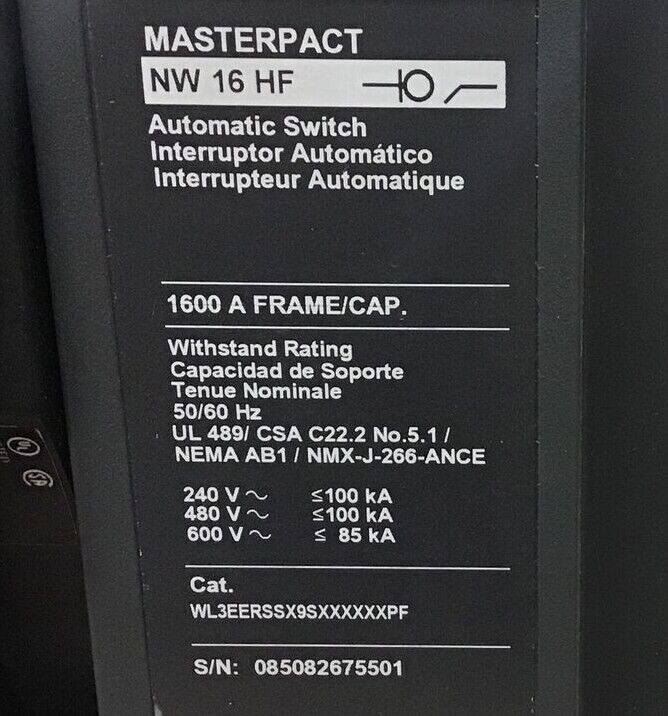 SQUARE D WL3EERSSX9SXXXXXXPF MASTERPACT CIRCUIT BREAKER 1600A NW 16 HF 600VAC