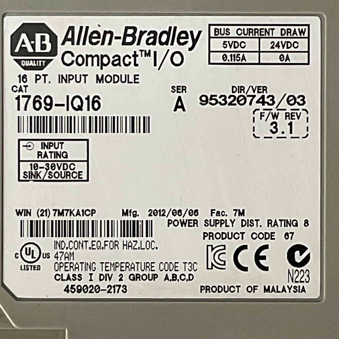 ALLEN BRADLEY 1769-IQ16 16PT INPUT MODULE SER A F/W REV 3.1 DIR/VER 95320743/03