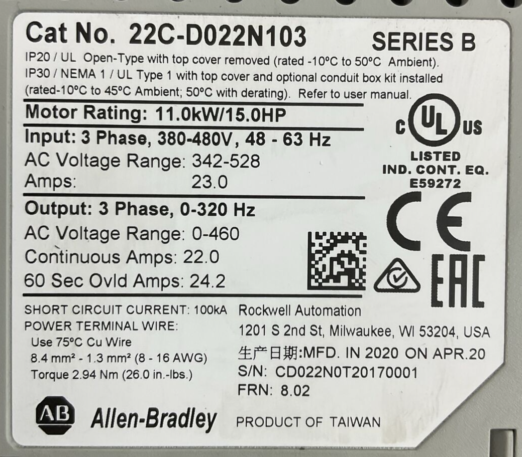 ALLEN BRADLEY 22C-D022N103 AC DRIVE SER B FRN 8.02 OUTPUT 0-460VAC