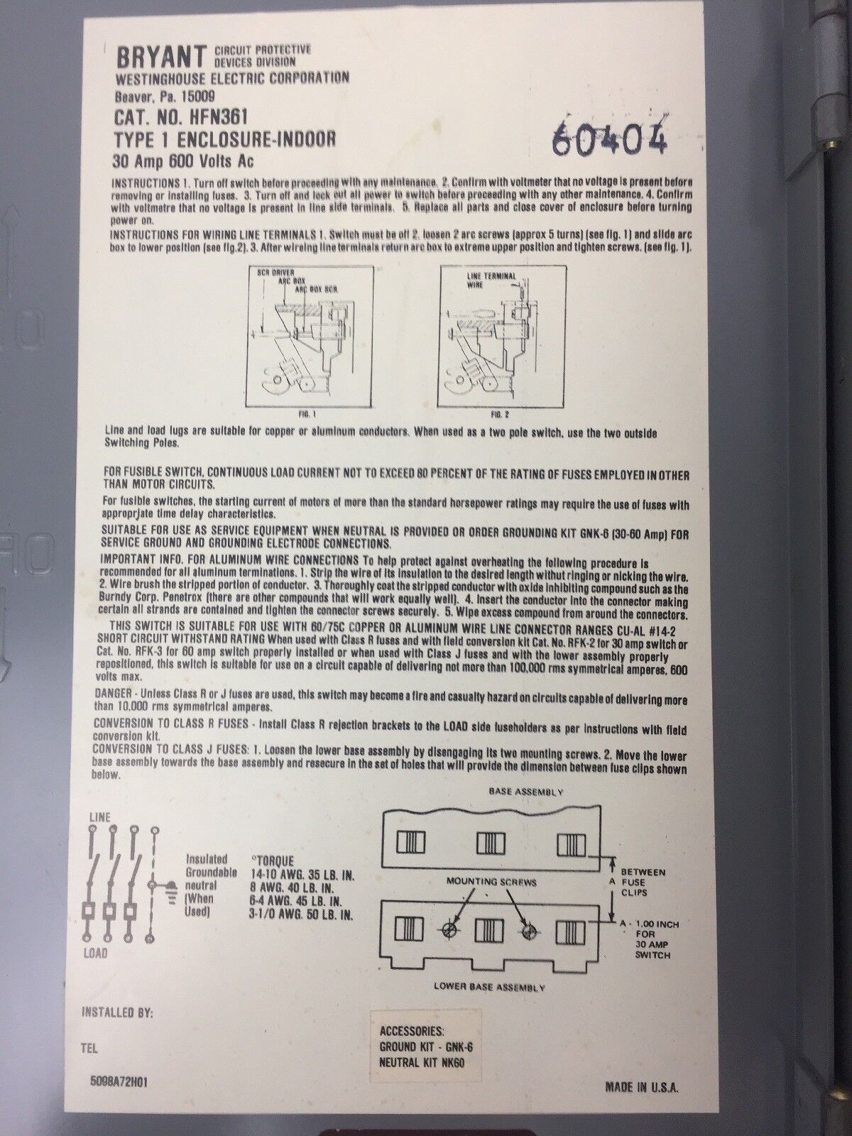 WESTINGHOUSE HFN361 HEAVY DUTY SAFETY SWITCH 600 VAC 30 AMP TYPE 1 ENCLOSURE