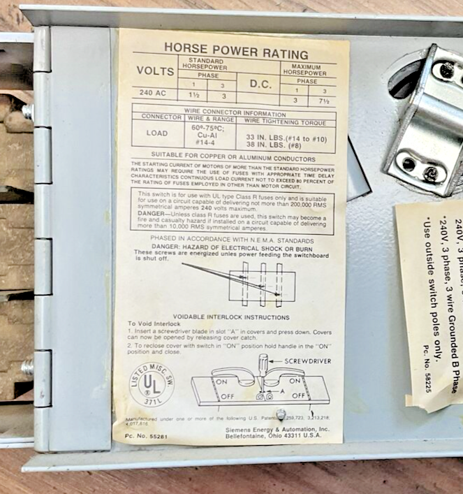 ITE SIEMENS V2B3211R VACU-BREAK PANELBOARD SWITCH SER.A 240V 30A 3POLE 3PH