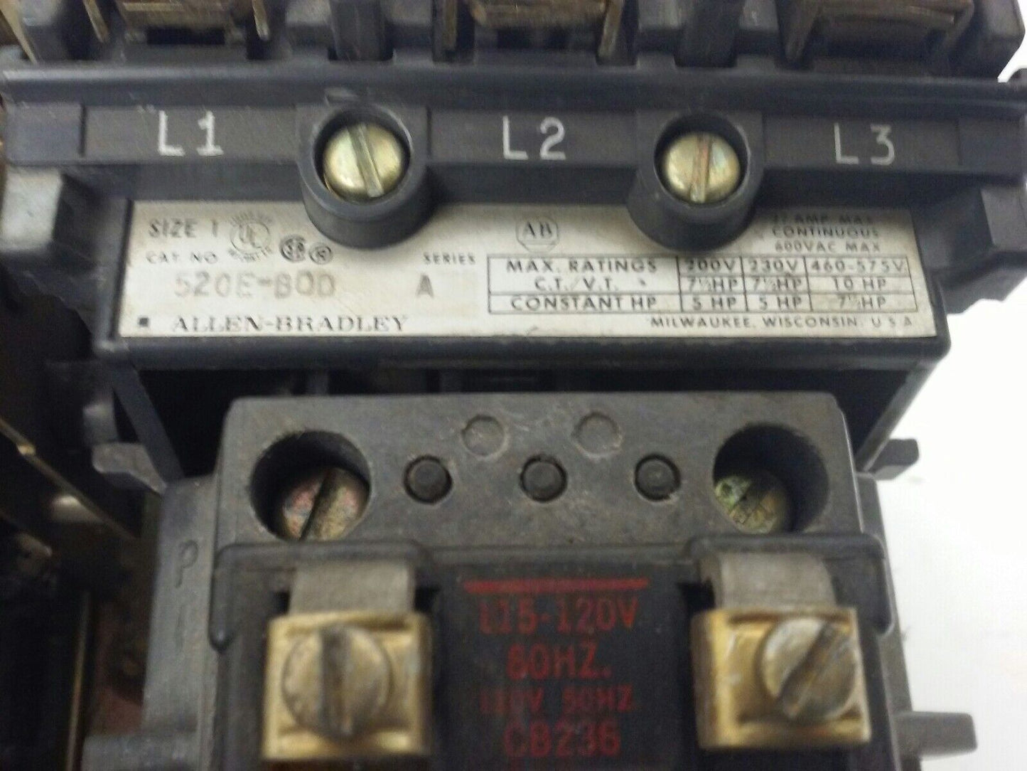 ALLEN BRADLEY, 520E-BOD , SER. A, STARTER, SIZE 1, 600V, 27A, 3PH, 120V COIL