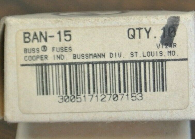 BOX of 5 / BUSS BAN-15 MIDGET FUSE / 15A / 250V / NEW SURPLUS / BAN15