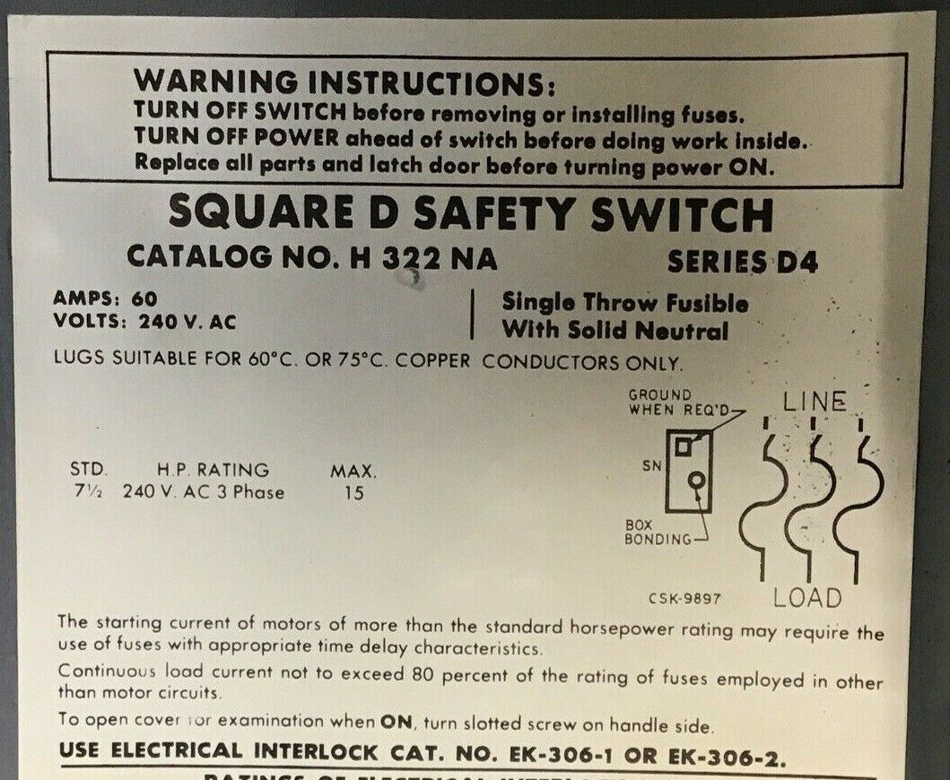 SQUARE D H322NA SAFETY SWITCH SER.D4 60A FUSIBLE 600VAC/VDC 240VAC 15HP