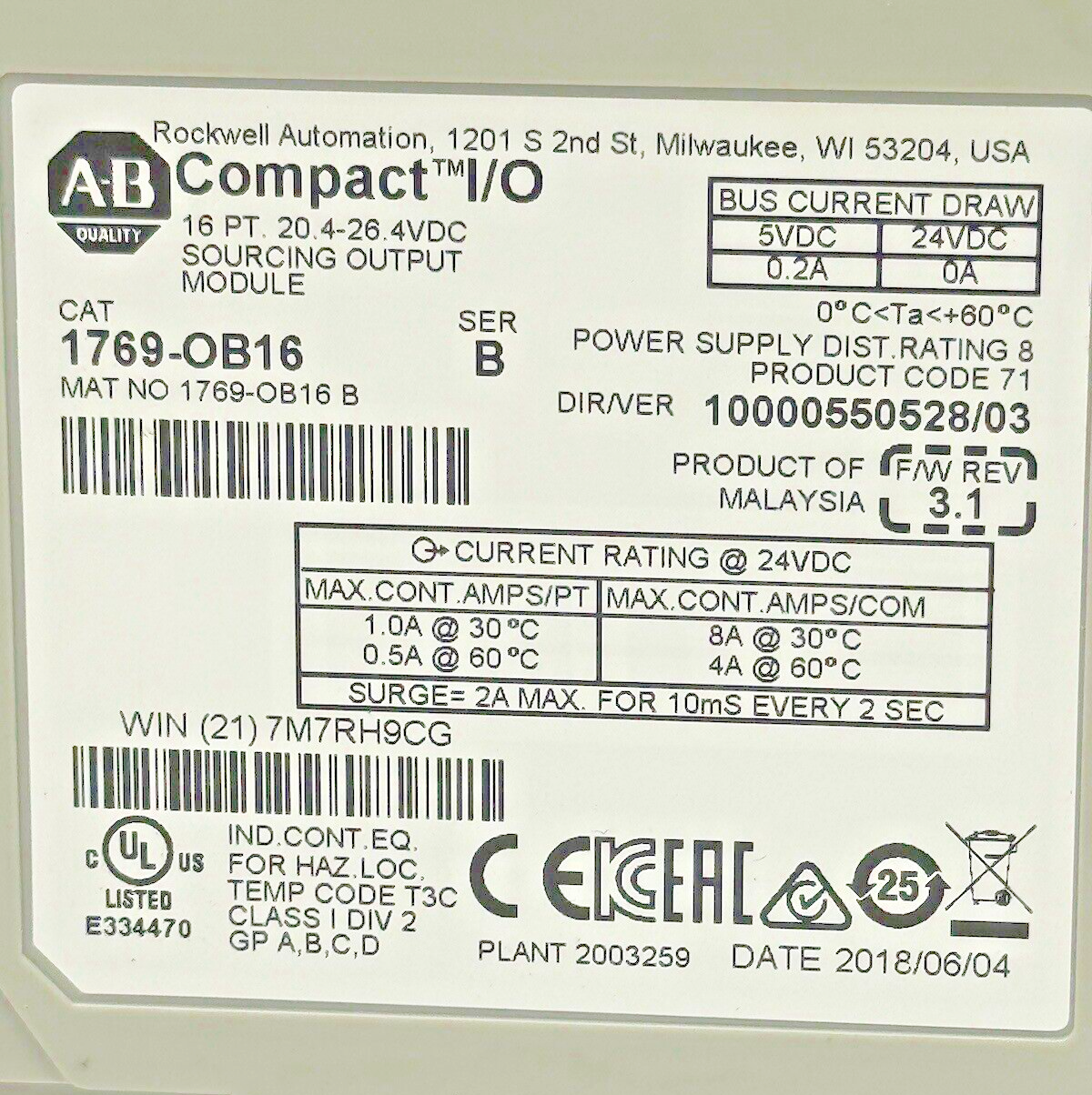 ALLEN-BRADLEY - 1769-OB16 SER. B, F/W REV 3.1, DIR/VER 10000550528/03 - 16 PT.
