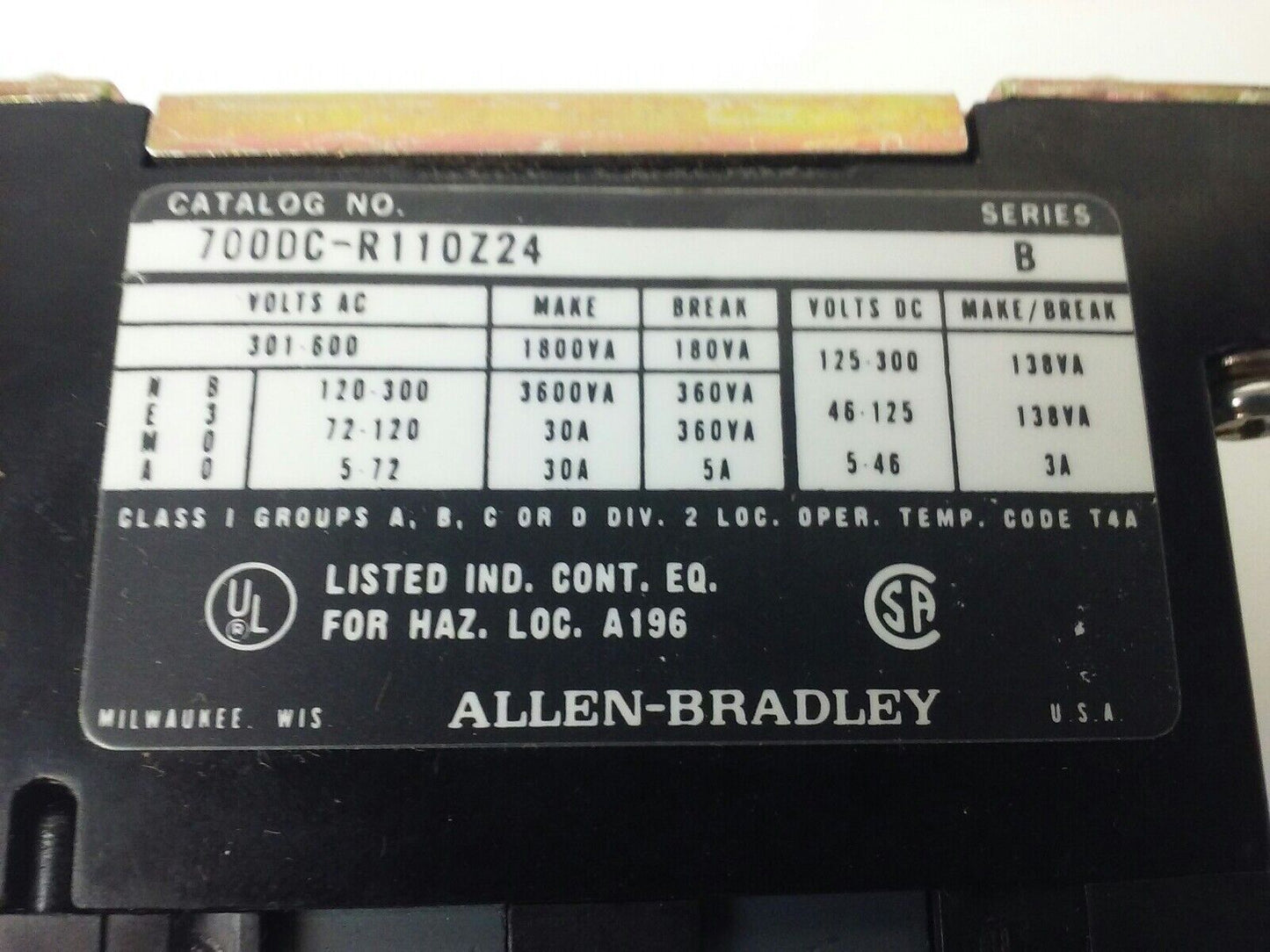 ALLEN BRADLEY, 700DC-R110Z24 SER.B, 2P, 1N.O.-1N.C., 24V DC COIL, MISSING PARTS