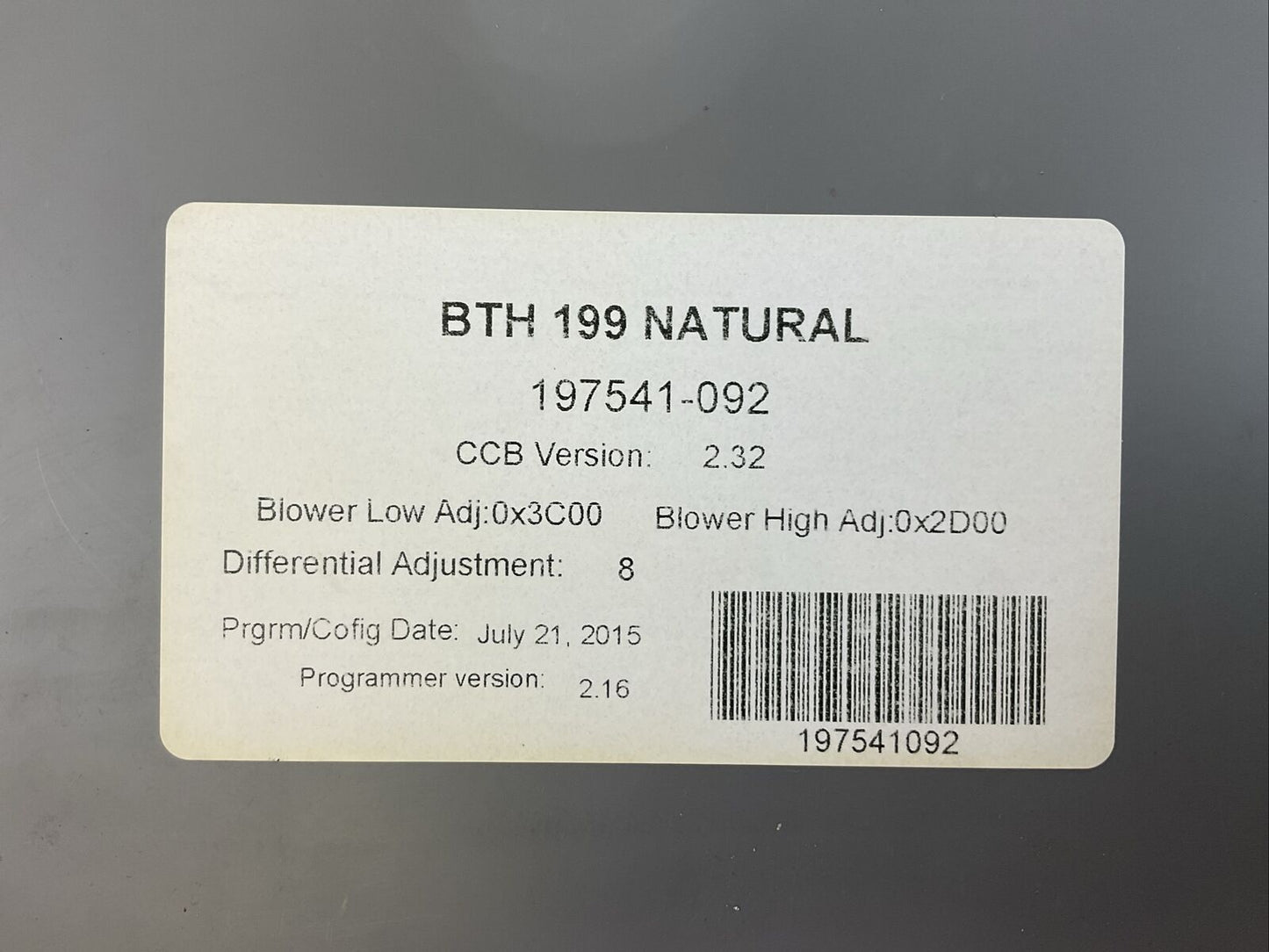 AO SMITH BTH 199 NATURAL 197541-092 CCB VER 2.32 197510-000 PROGRAMMER VER 2.16