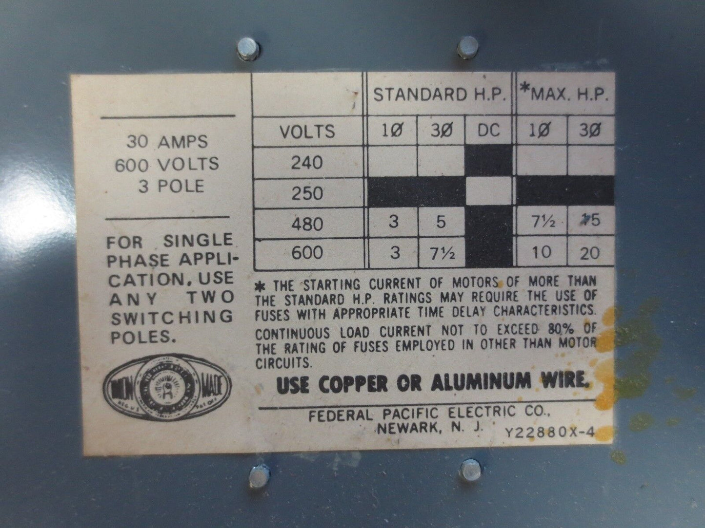 FEDERAL PACIFIC QMQB-3336 TWIN PANELBOARD SWITCH - 30A, 600VAC, 3POLE