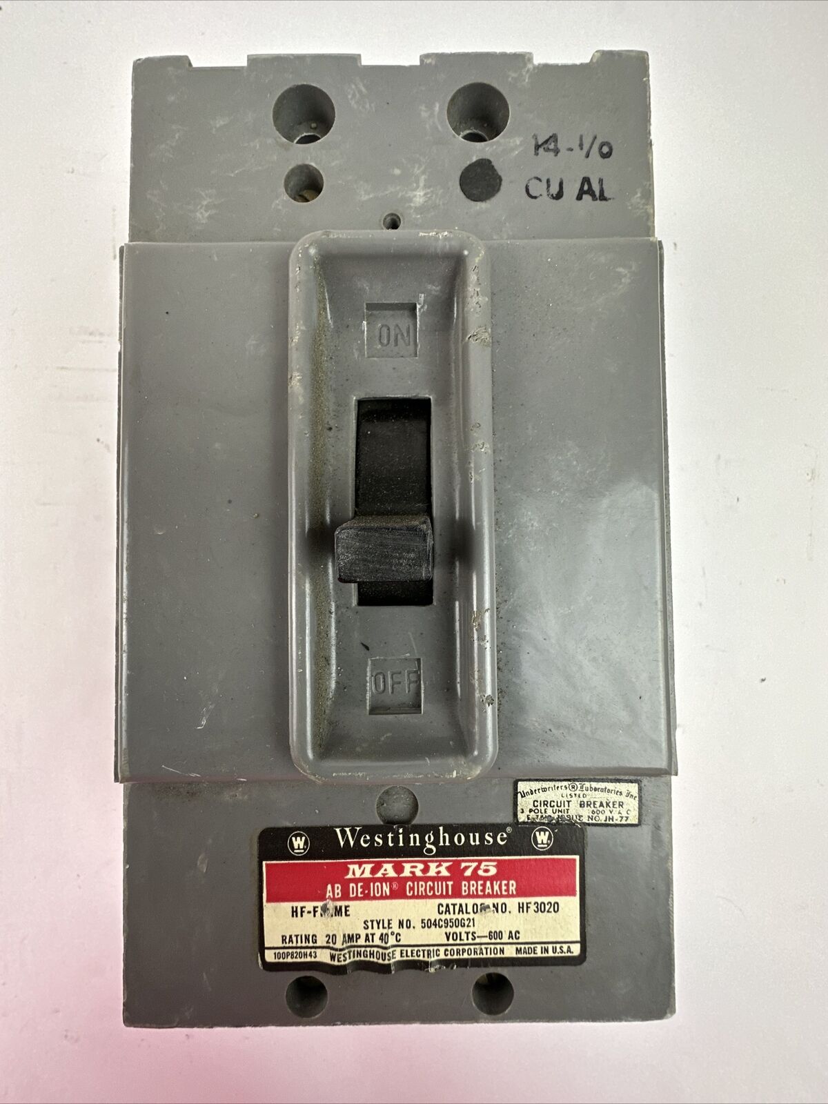 WESTINGHOUSE HF3020 20AMP 600VAC 3POLE MARK 75 AB DE-ION CIRCUIT BREAKER