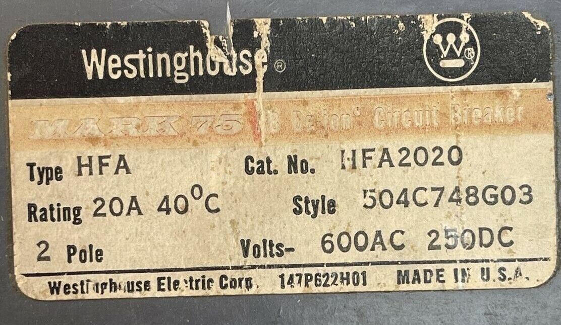 WESTINGHOUSE HFA2020 AB DE-ION CIRCUIT BREAKER 20AMP 600VAC 250VDC 2P 504C748G03