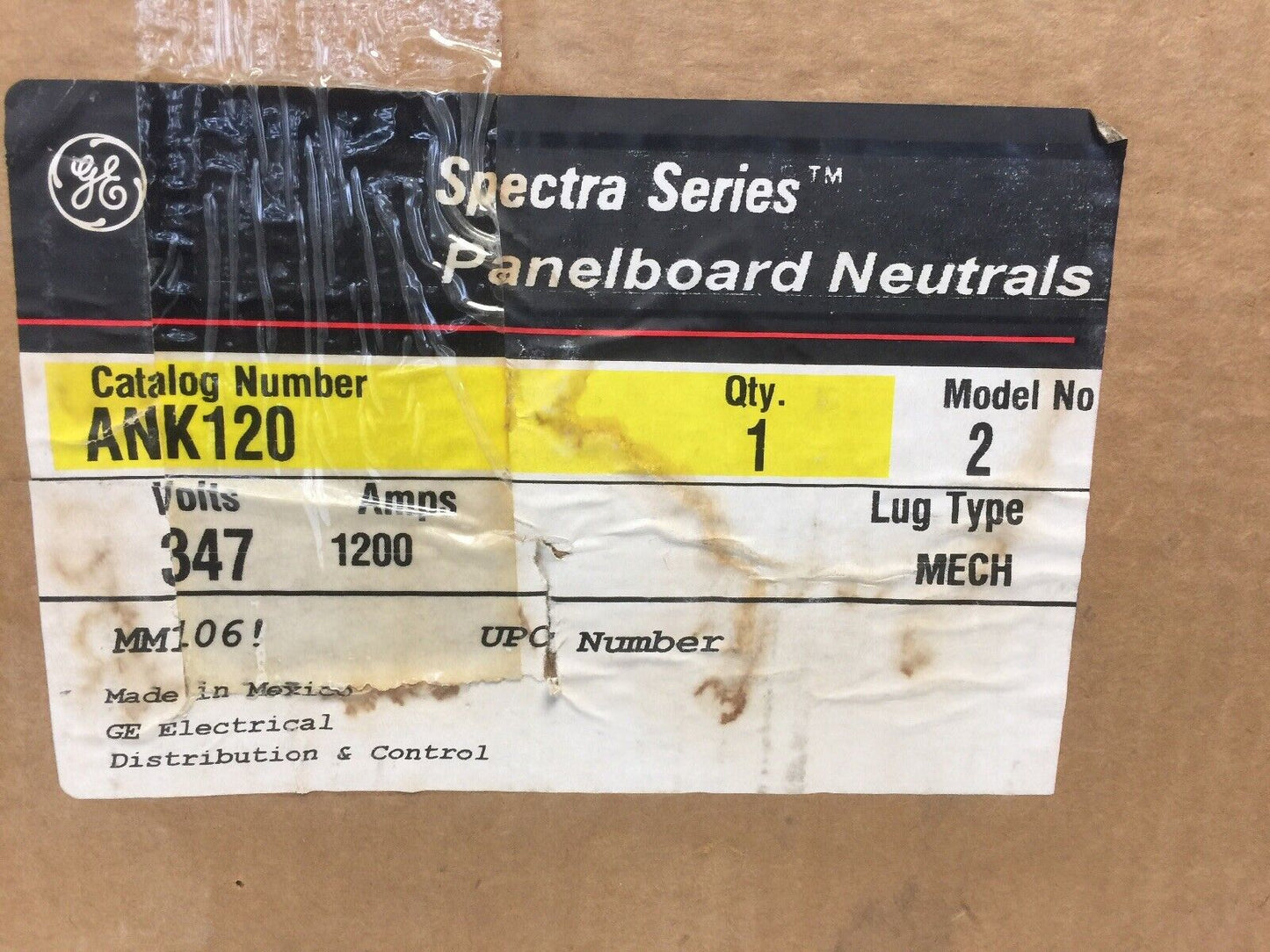 GE ANK120 PANELBOARD SPECTRA SERIES NEUTRALS 347 VOLT 1200 AMP MODEL NO 2 LUG TY