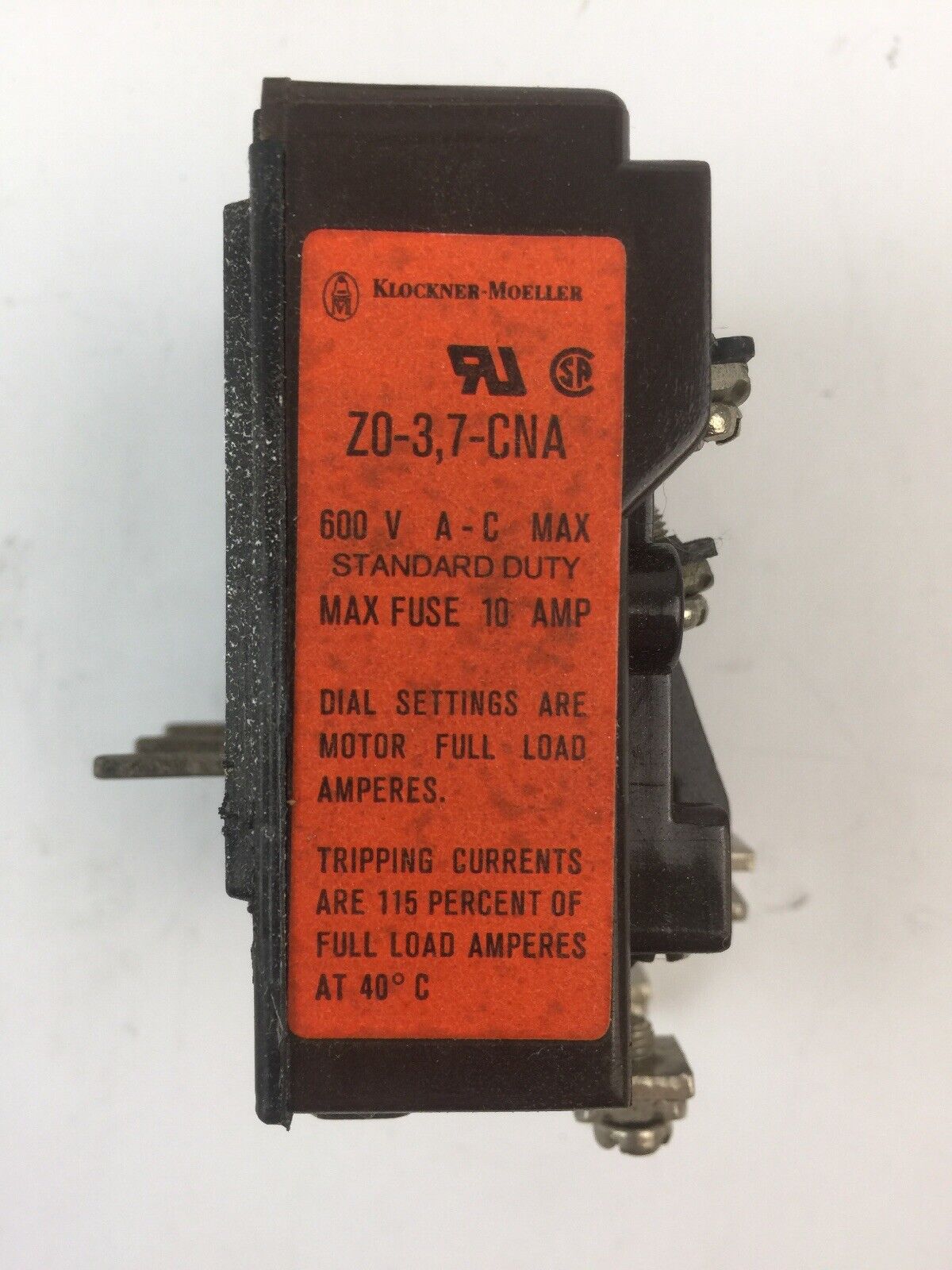 KLOCKNER MOELLER Z0-3,7-CNA BIMETAL RELAY 600VAC 1.9-3.7AMP